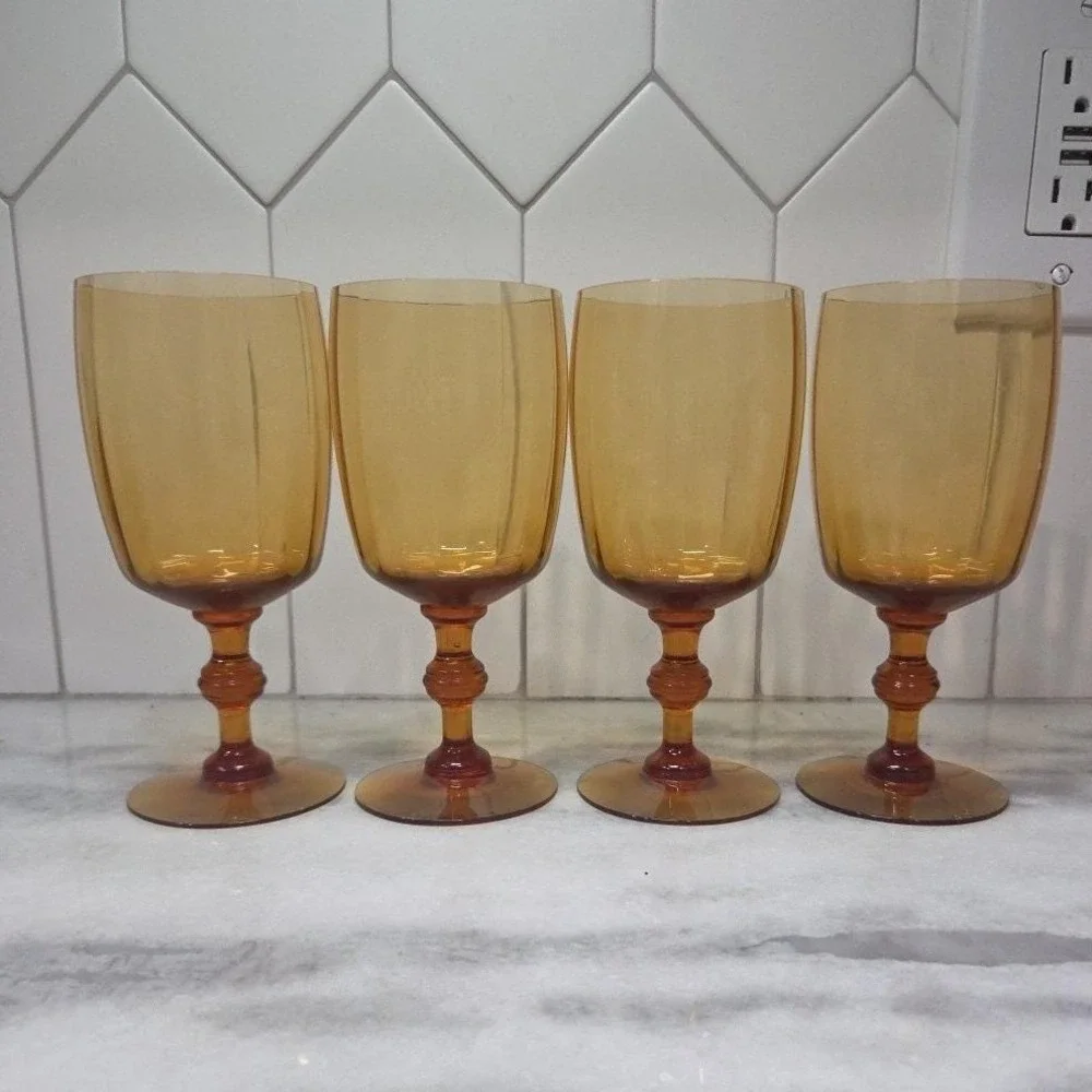 Amber Ribbed Optic Wine Glasses, Set of 4,‎ Vtg Stemware, Replacement Drinkware